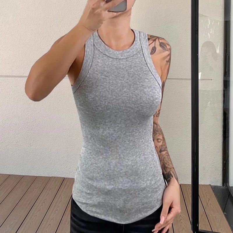 Womens Solid Knit Tank Top – Soft Stretch Sleeveless Round Neck Summer Basic