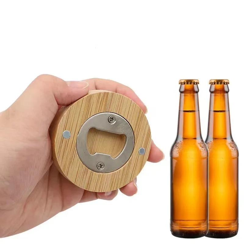 Portable Beer Bottle Opener Round Bamboo Fridge Magnet for Wedding Home Bar Party Gadgets