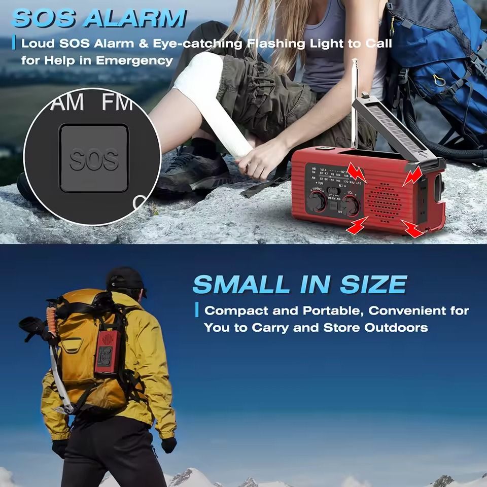 Solar Rechargeable Emergency Radio with LED Light and Hand Crank for Outdoor Adventures