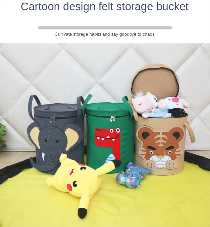 Large Felt Toy Storage Bucket, Portable Dirty Clothes Basket, Cute Cartoon Animal Dust Bag with Lid, Foldable Felt Bucke