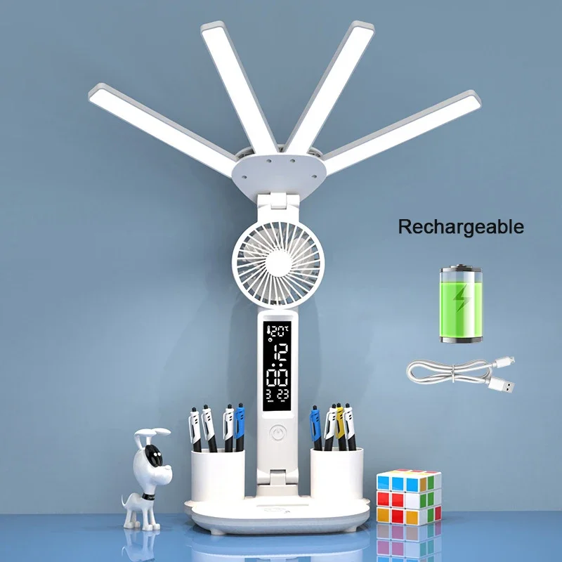 Multifunction Desk Lamp with Fan and Clock Foldable USB Rechargeable LED Desk Lamp