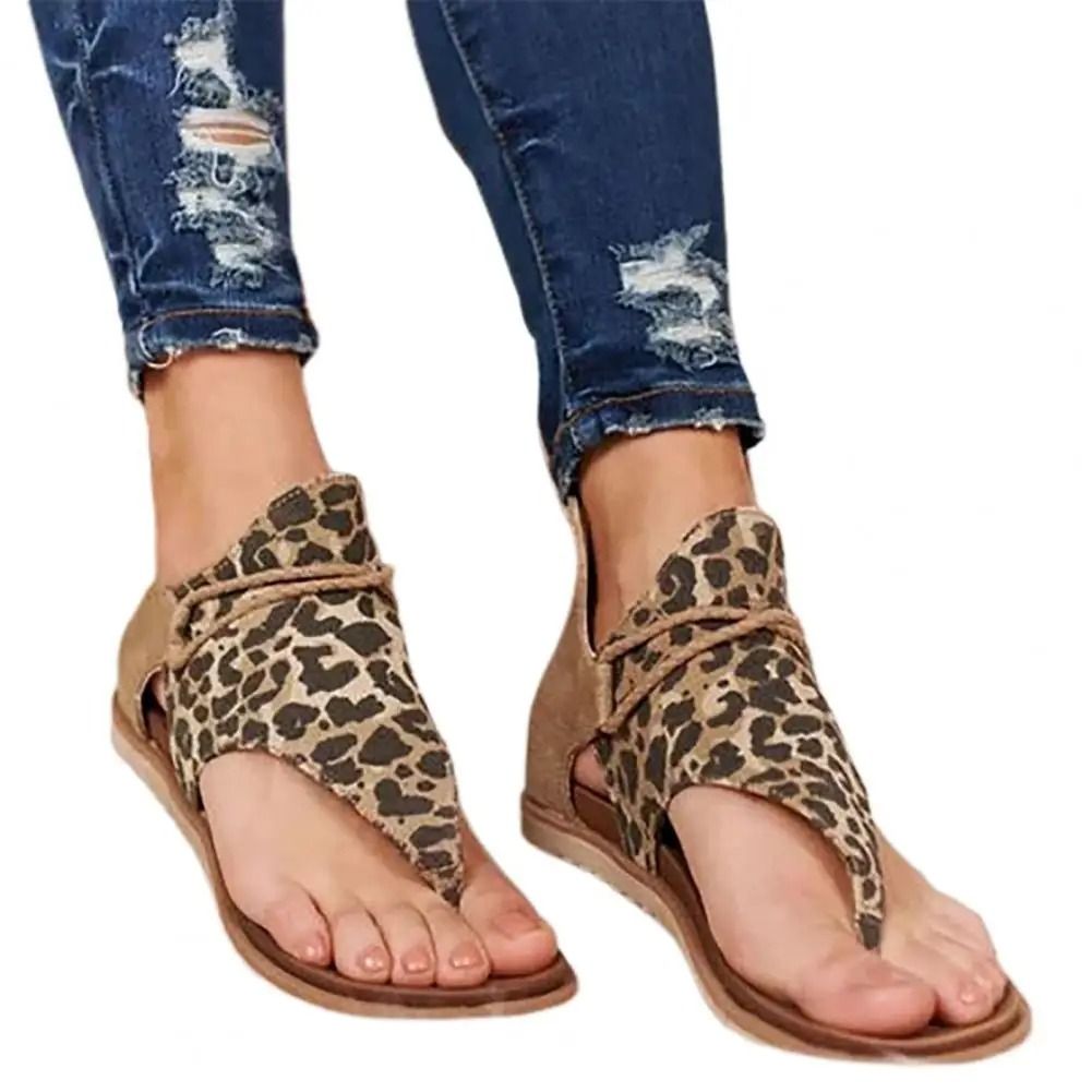 Back zipper open toe beach sandals leopard patchwork flats for women