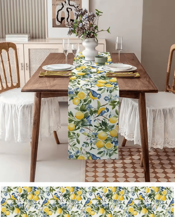 Vintage Lemon Tree Table Runner Blue Birds Linen Coastal Farmhouse Table Decor