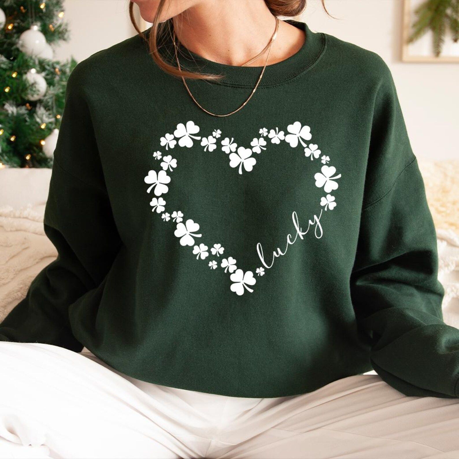Heart Shamrock Sweatshirt | Lucky Irish St. Patricks Day Clover Heart Crewneck for Women