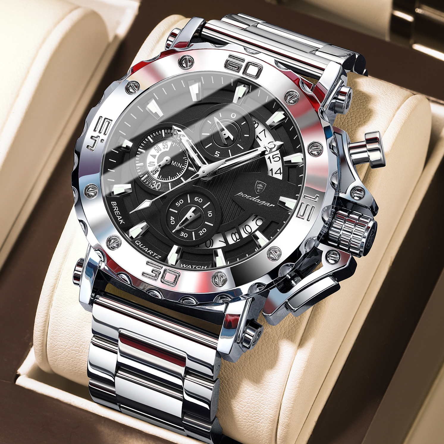Luxury Men Chronograph Watch Waterproof Stainless Steel Luminous Calendar Timepiece