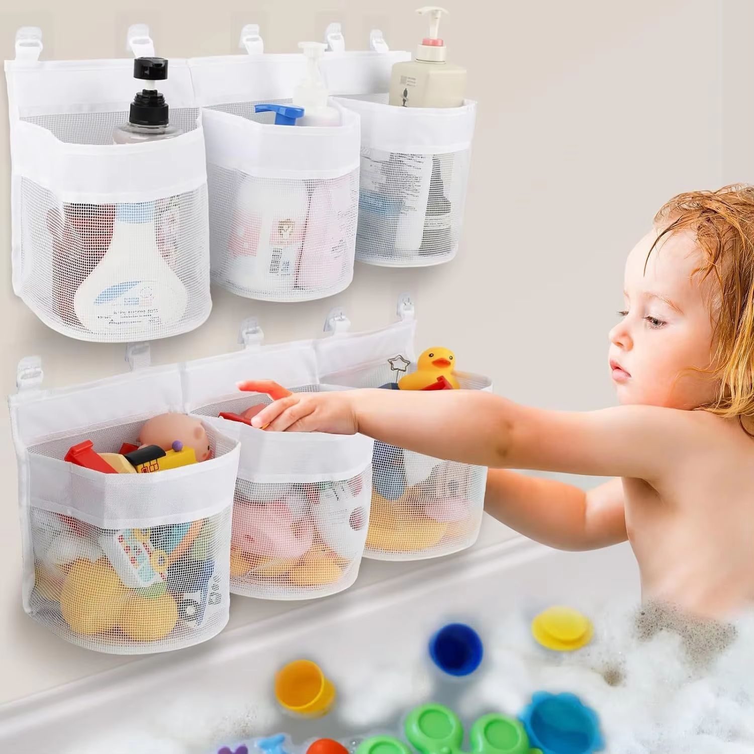Kids Bathroom Toy Storage Bag – Multi-Compartment Wall Organizer with Drainage Mesh