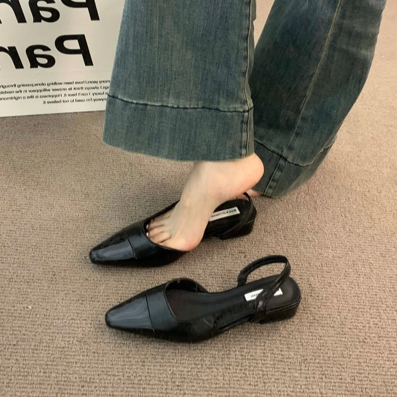 Womens Summer PU Leather Sandals, Brand Luxury Designer Fashion Low Heel Pointed Toe Non-Slip Ladies Flat Shoes