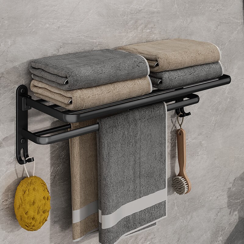 Matte Black Folding Towel Holder with Hook, Wall-Mounted Aluminum Towel Rack for Home