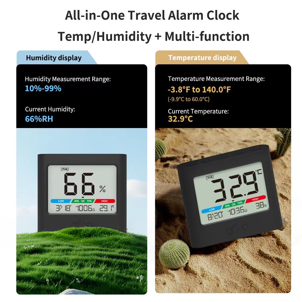 Digital Alarm Clock with Thermometer, Hygrometer, Backlight, Date and Week Display
