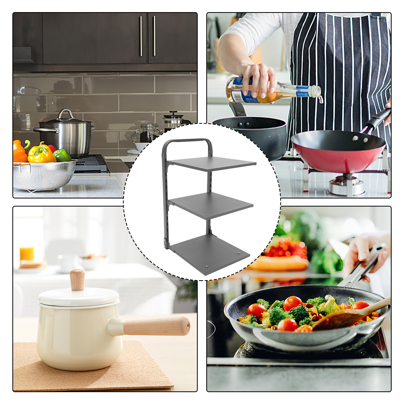 Collapsible Pot Rack, Carbon Steel Foldable Kitchen Storage Organizer, Multi-Layer Pan Shelf Countertop Spice Rack