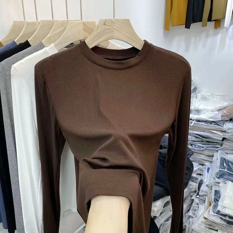 Womens Slim Fit O-Neck Long Sleeve Basic T-Shirt – Stretchy Ribbed Knit Casual Top