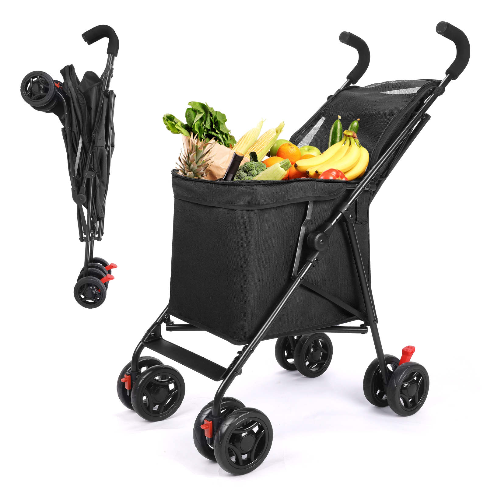 Folding Shopping Cart Pet Stroller with Removable Basket