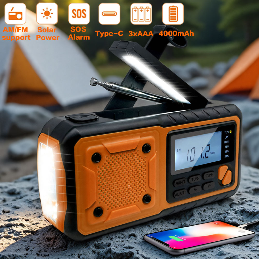Portable Emergency Weather Radio with Hand Crank Solar Charger and Phone Power Bank