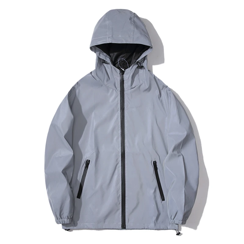Men's Night Reflective Jacket, Windbreaker Hooded Jacket, Waterproof Zipper Coat, Double Fabric, Hip Hop Dancer Outwear