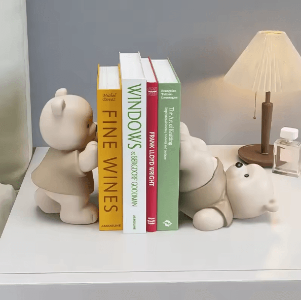 CozyBear Cream Bookend Figurine Cute Resin Bear Shelf Decor for Bookcase, Living Room & Gift Display