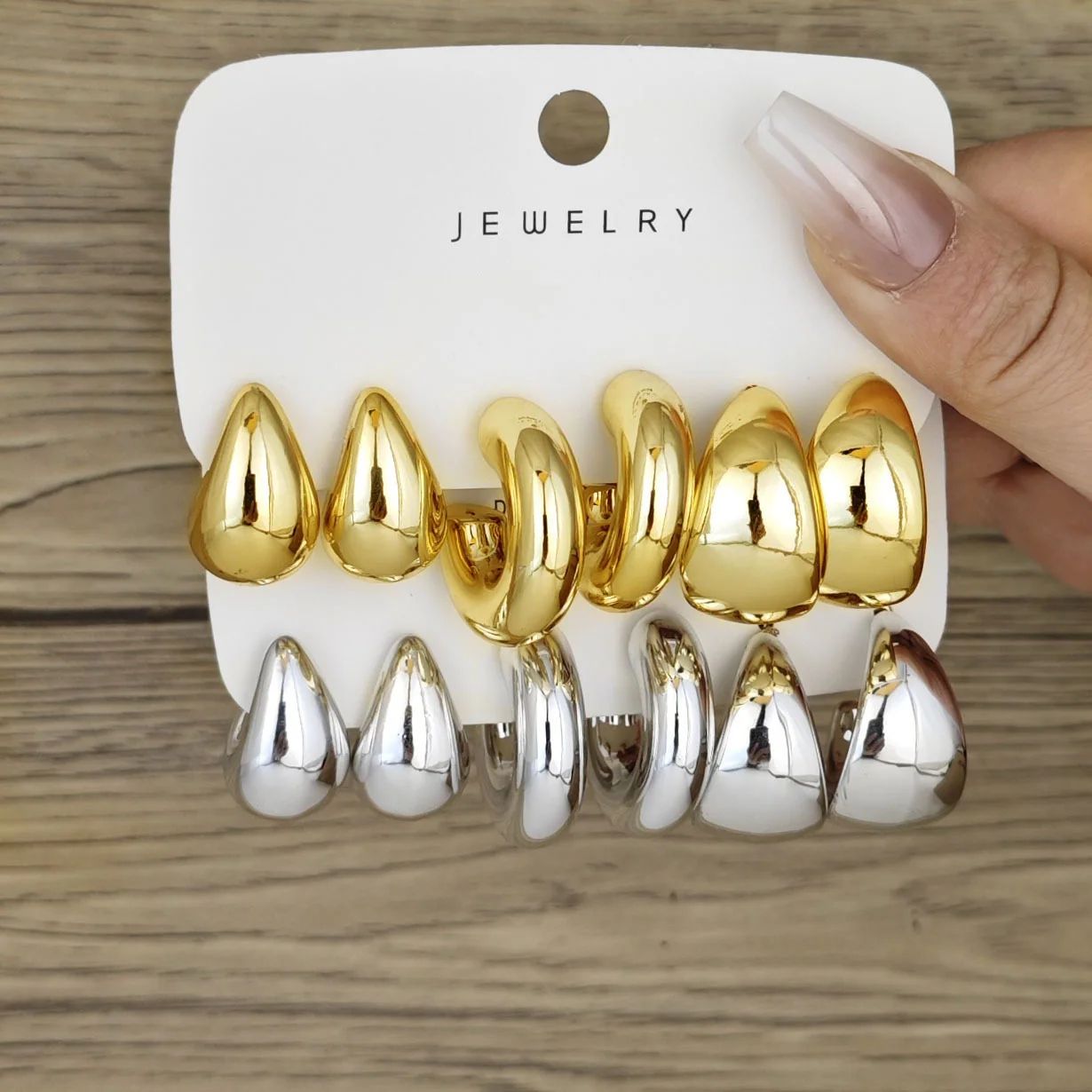 6-Piece Chunky Gold Plated Waterdrop Hoop Earrings for Women