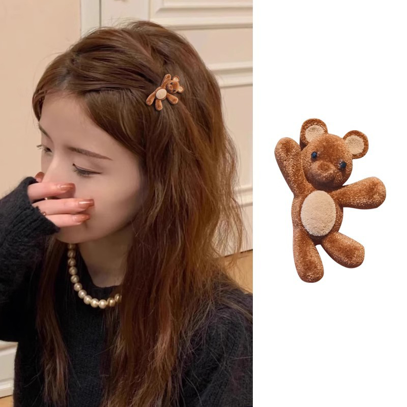 Sweet Cartoon Bear Hairpin, Cute Flocking Metal Hair Clip, Side Barrette, Fashion Hair Accessories For Women Girls