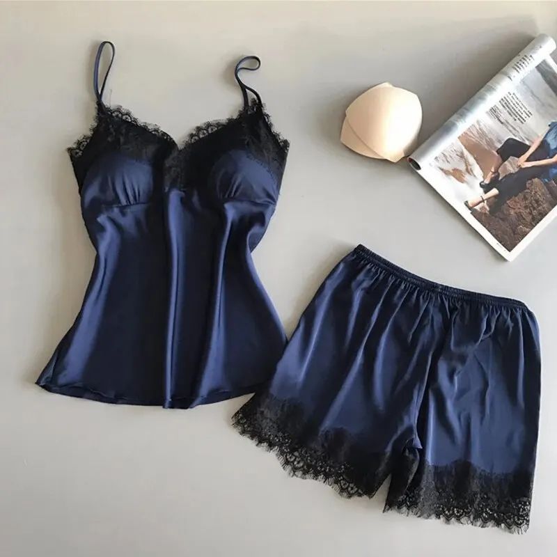 Women V Neck Lace Pajama Set with Cami and Sleep Shorts