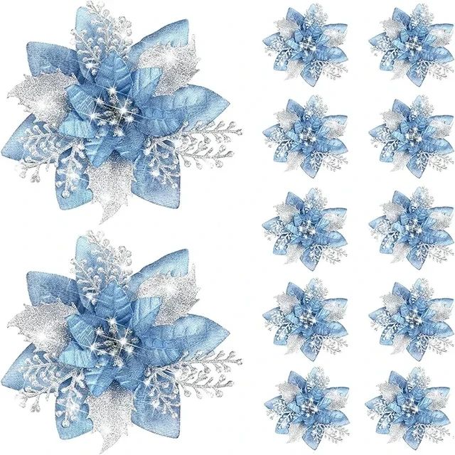 Glitter Pink Poinsettia Christmas Tree Flowers Set 5pcs