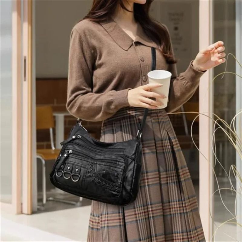 Vintage PU Crossbody Bag Retro Multi Layer Messenger Handbag