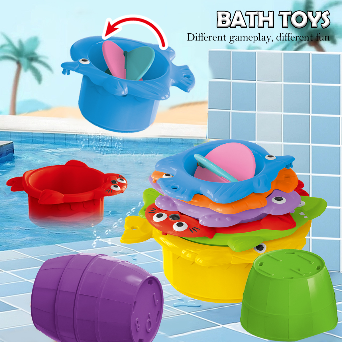 Toddler Bath Toys Stacking Cups Set, Kids Water Play Toys for Bath Beach Learning Fun