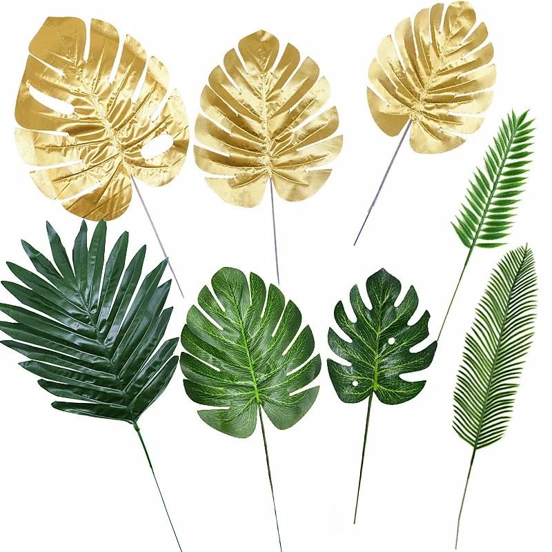 Artificial Palm Leaves Gold Tropical Decor Fake Silk Leaf Set