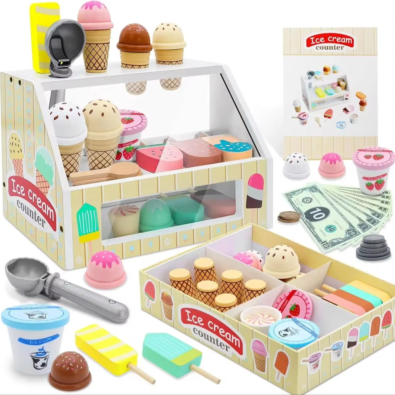 Ice Cream Counter Playset Pretend Play Kitchen Toy with Coins for Kids Boys and Girls