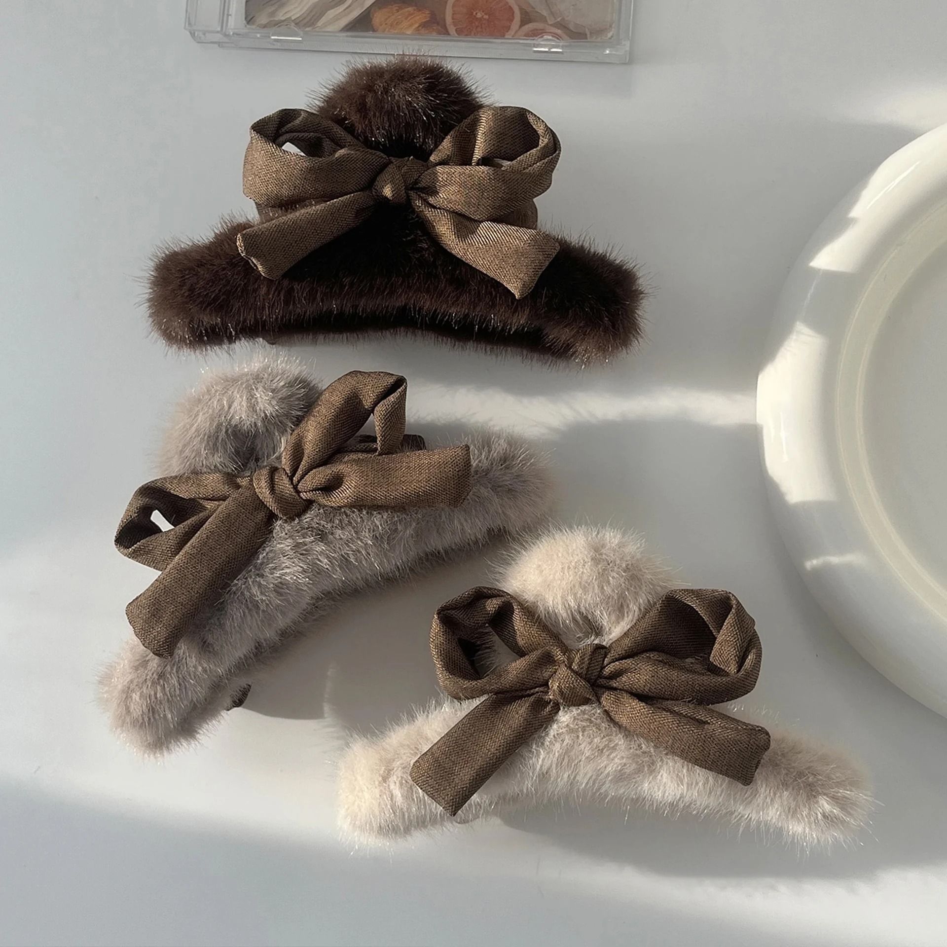 Plush Velvet Rabbit Fur Bow Shark Clip