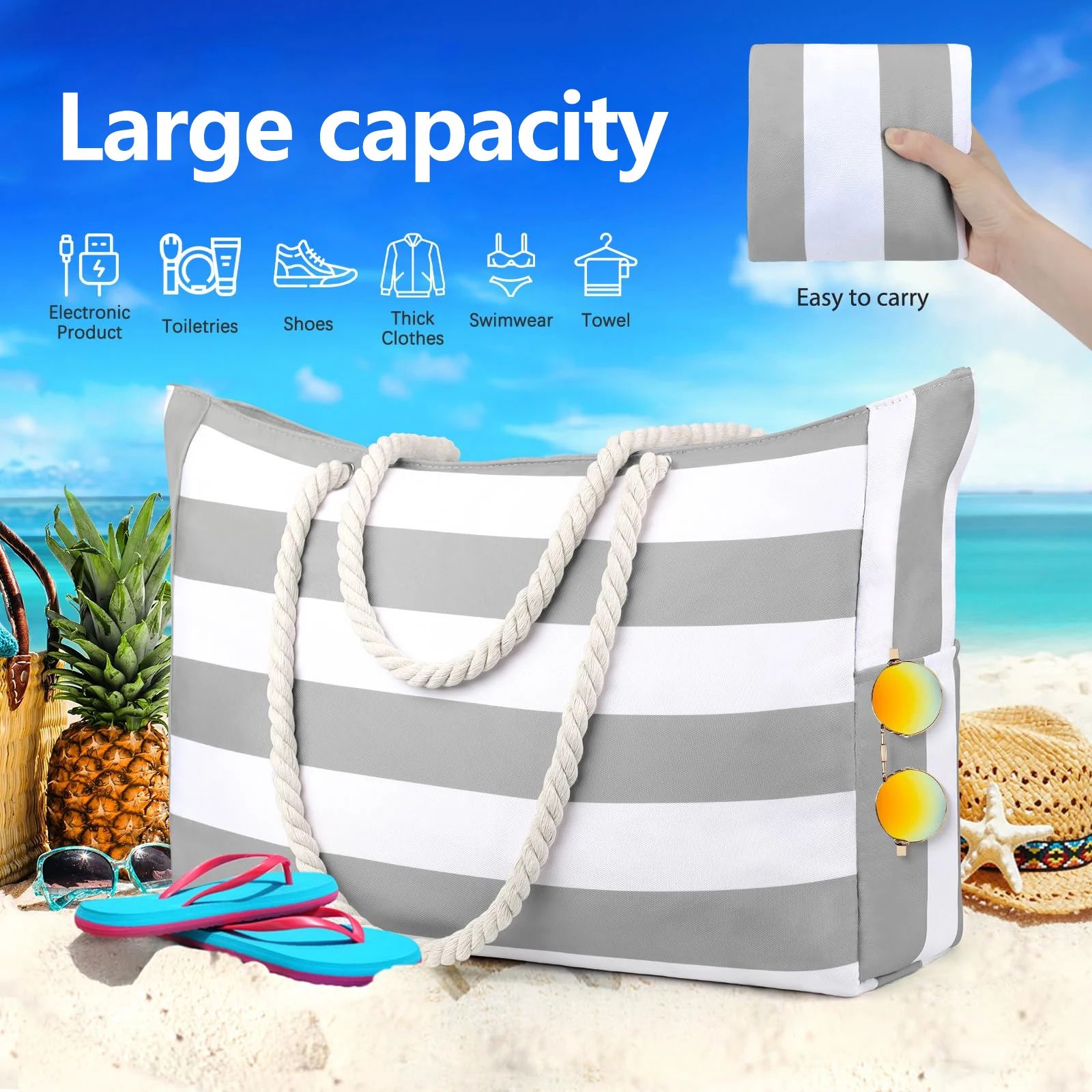 Striped Waterproof Foldable Beach Bag