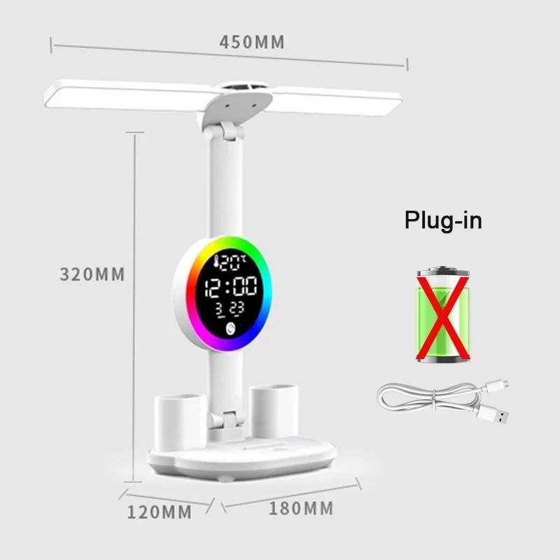 Rechargeable LED Table Lamp with Fan Clock Display Reading Desk Light Night Light