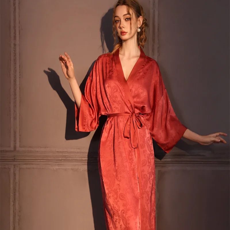 Silk Jacquard Kimono Robe – Luxury Satin Ice Silk Long Womens Bathrobe