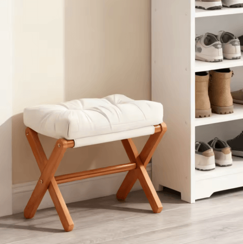 Folding Bamboo Leg Upholstered Foot Stool Soft Pad Ottoman for Living Room Desk vanity Brown