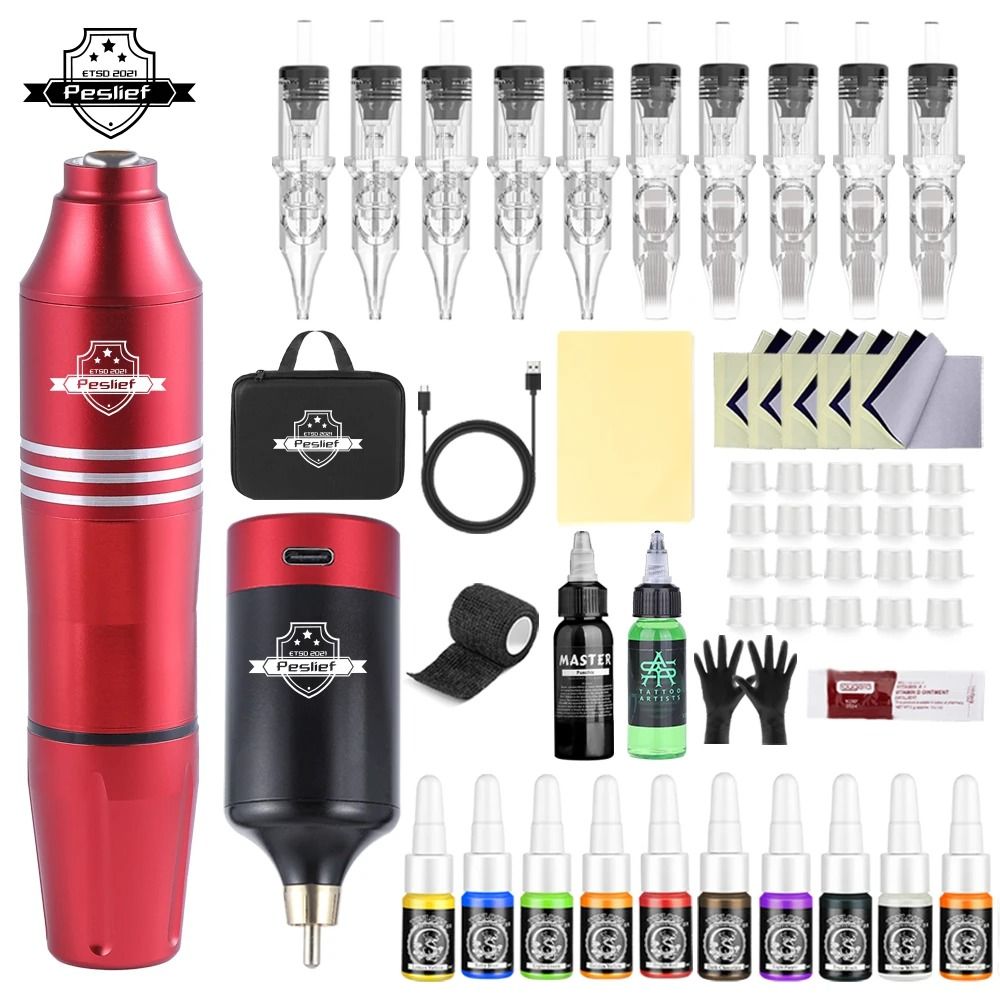 Professional Wireless Rotary Tattoo Machine Kit with 10 Cartridge Needles Complete Set