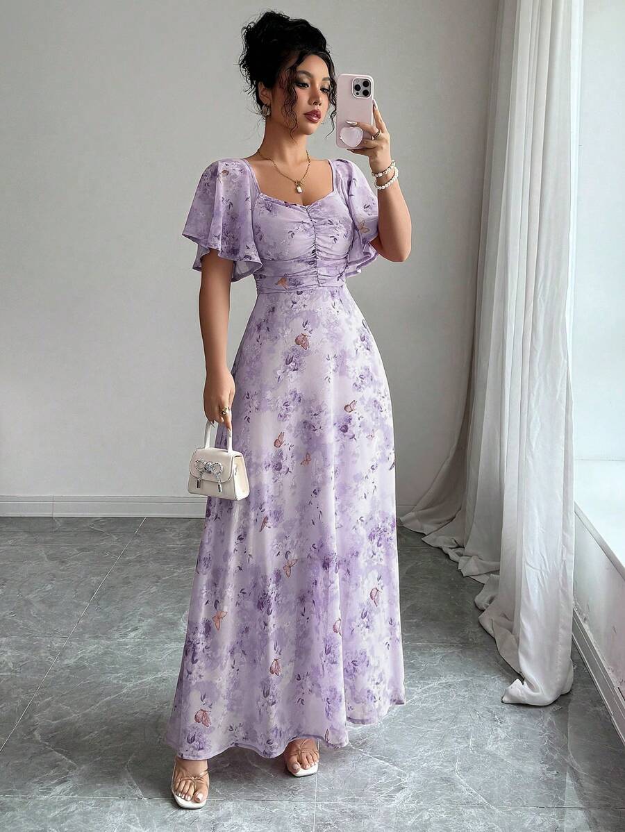 Womens Sweet French Style Mini Dress, Purple Butterfly Print, Batwing Sleeves Back Zipper Elegant Chic