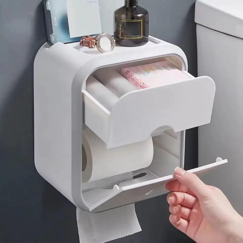 Waterproof Wall Mounted Toilet Paper Storage Box – Dust Proof Bathroom Organizer with No Drill Installation