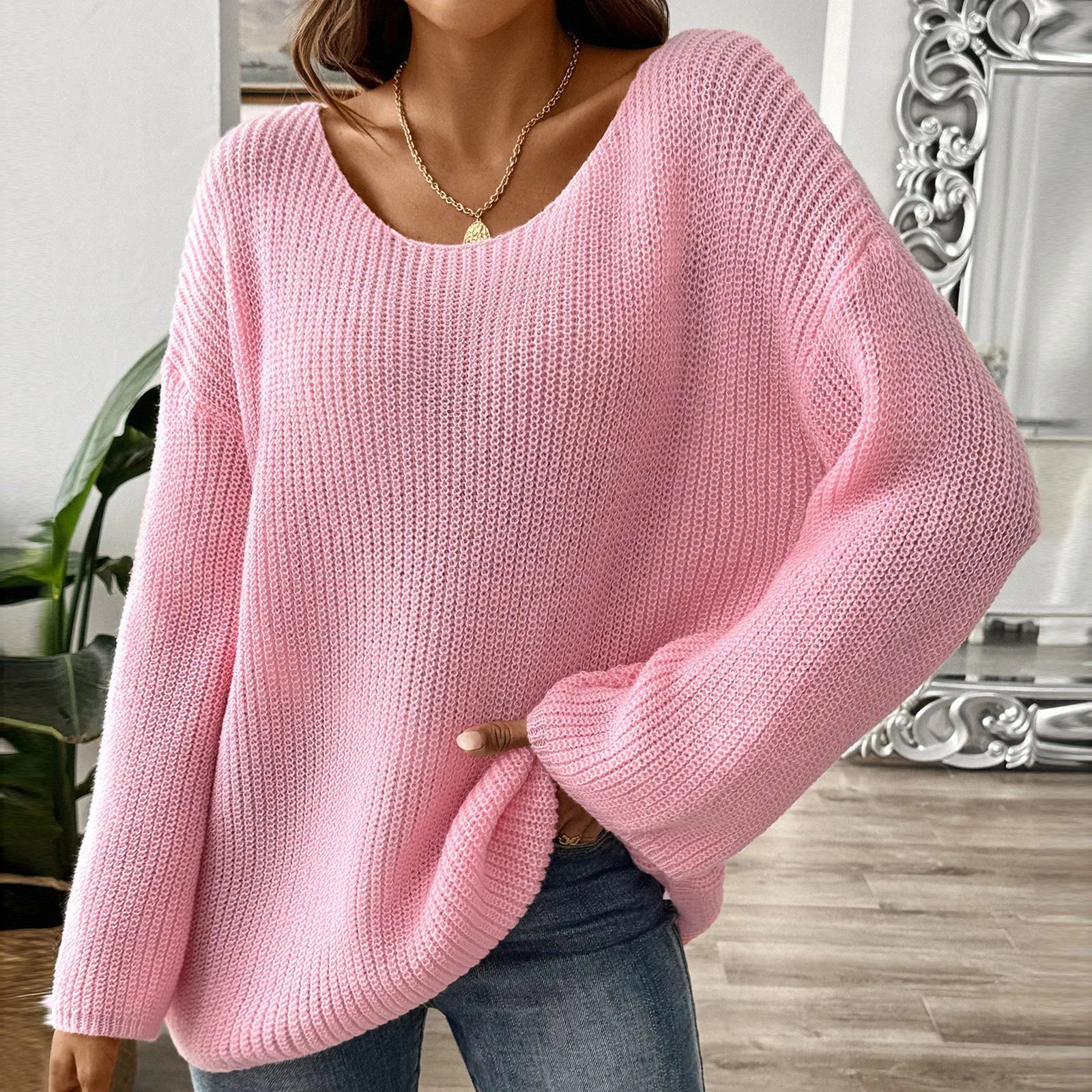 Chic Womens Off Shoulder Sweater with Flare Sleeves - Loose Knit Pullover Top