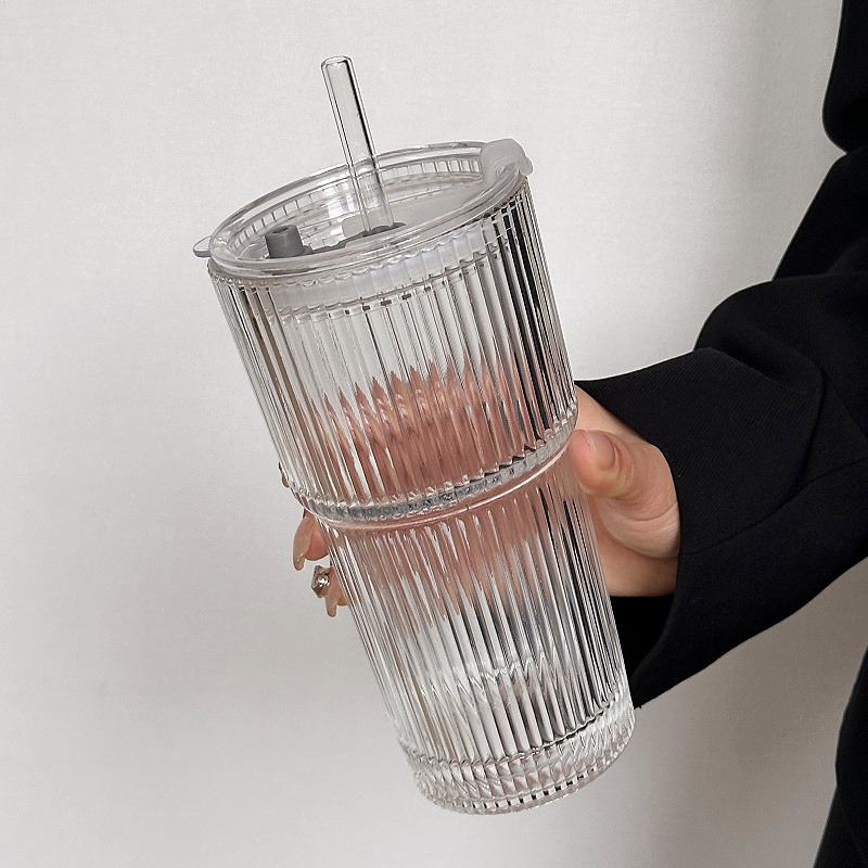 Large Capacity Transparent Glass Coffee Cup with Lid and Straw Reusable Juice & Iced Coffee Tumbler