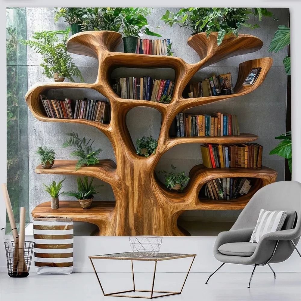 Tree Bookshelf Tapestry for Reading Nooks and Home Decor