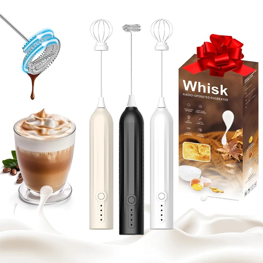 USB-C Rechargeable Handheld Milk Frother Wand – 3-Speed Portable Coffee Foam Whisk with Dual Heads