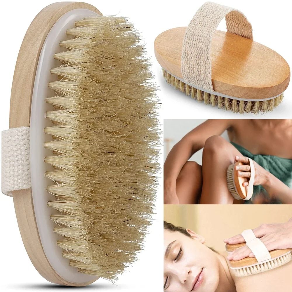 Natural Bristle Body Exfoliating Brush Wet and Dry Skin Scrub Bath Tool