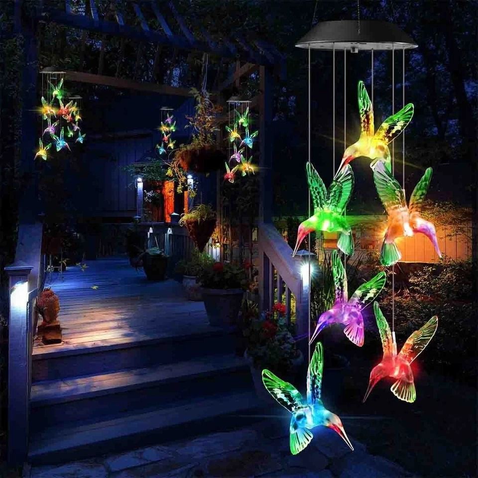 Solar Wind Chimes with Color Changing LED Hummingbird Garden Lamp Perfect for Outdoor Decoration
