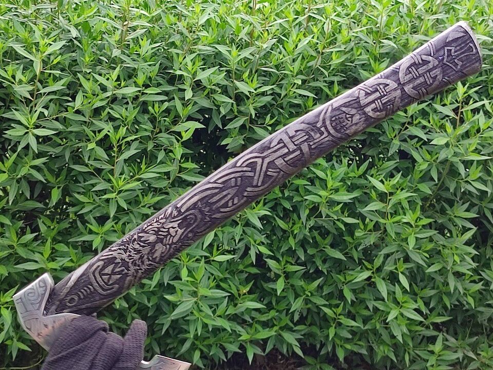 Handmade Carbon Steel Viking Throwing Axe | 19 Rare Art Axe with Carved Ashwood Handle