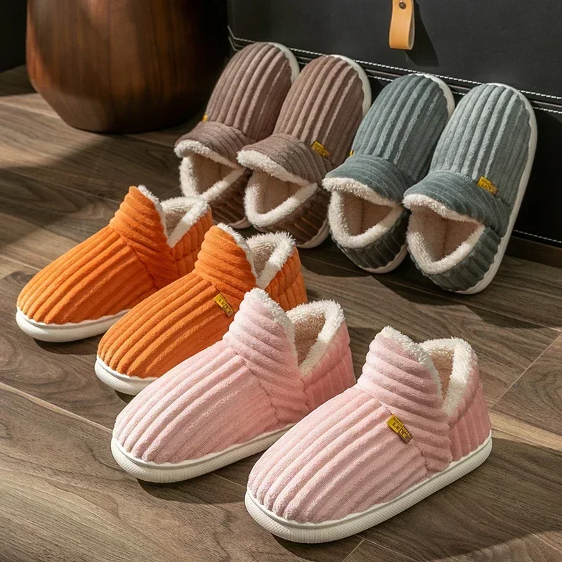 Winter Plush Slippers for Women Men, Non-Slip Solid Color Wrap Heels Flip Flops, Casual Cotton Home Shoes