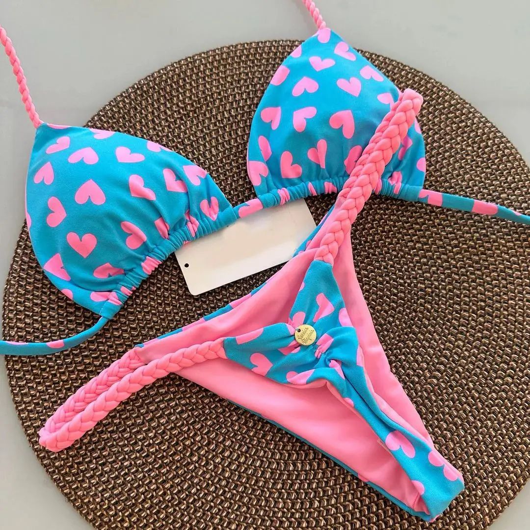 Womens Split Print G-String Bikini Set Sexy Beach Swimwear