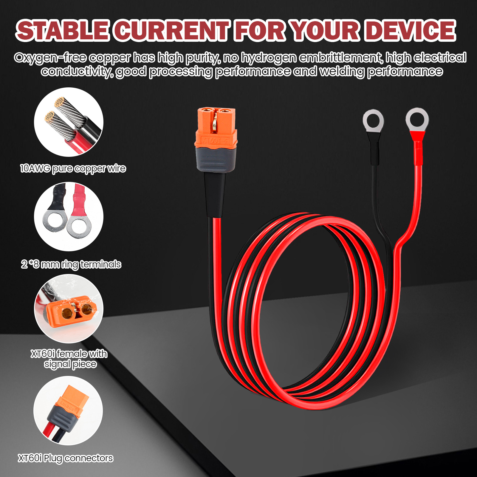 Charge Extension Cable for Solar Electric Vehicle, Convenient Ring Terminal Cable, Versatile and Safe Connecting line