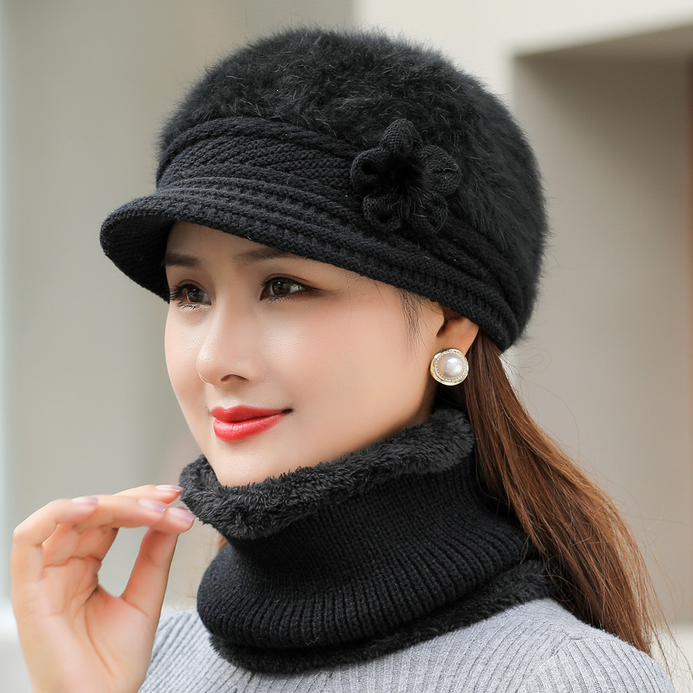 Fashion Women Winter Hat Faux Fur Knitted Hat Scarf Warm Set Keep Warm Cap Casual Flower Hat Lined with Fur