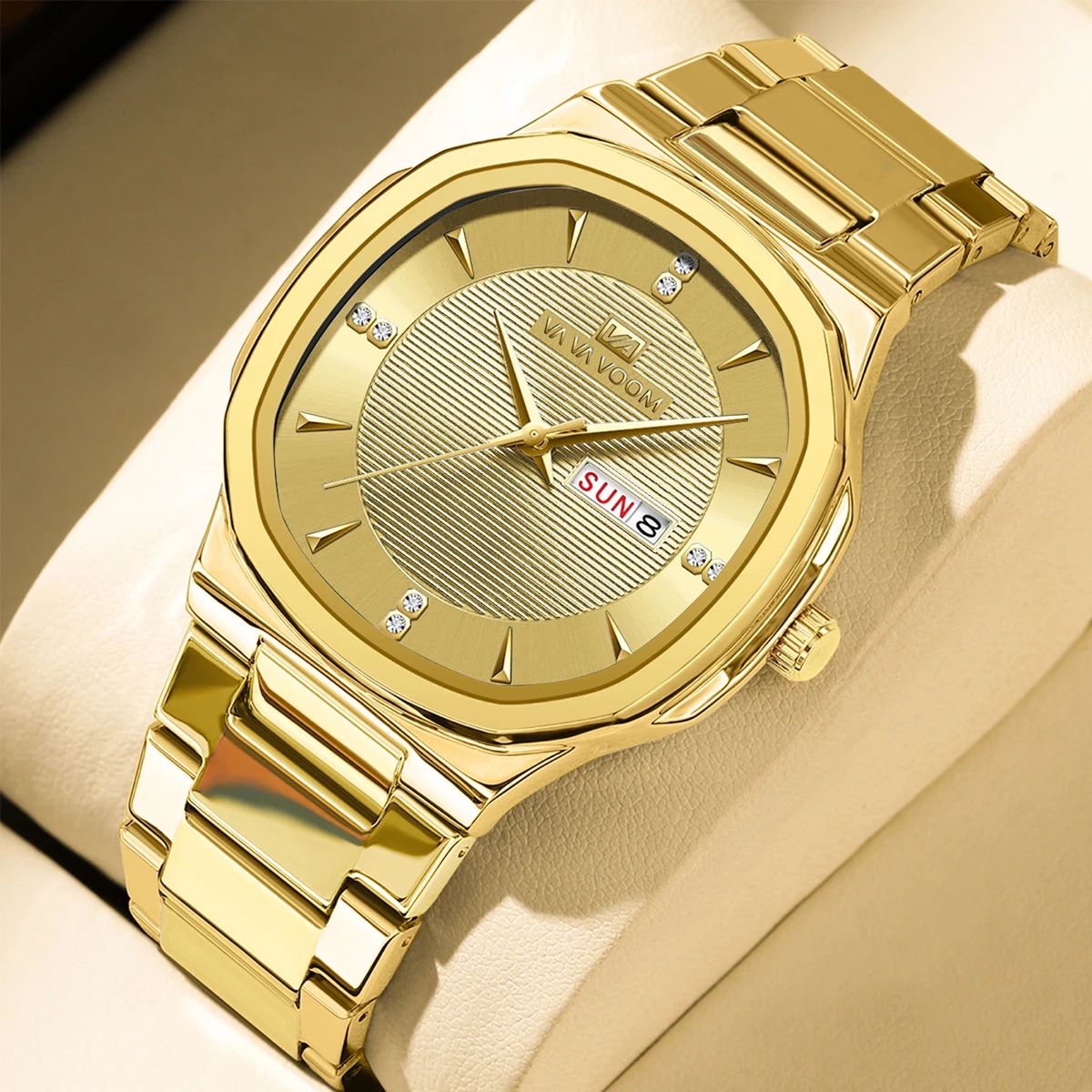VA VA VOOM Gold Rhinestone Men's Luxury Watch – 41MM Stainless Steel Waterproof Quartz Business Timepiece