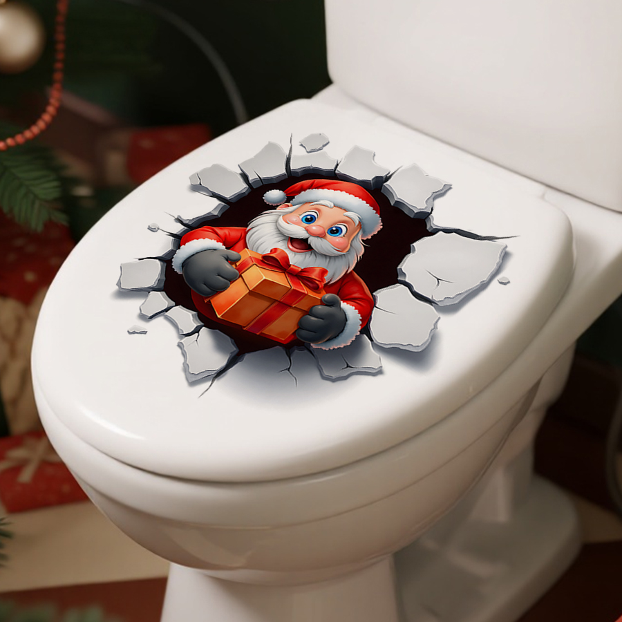 Toilet Stickers Self Adhesive, Festive Santa Cracked Wall Christmas, Bathroom Decoration Toilet Decal, PVC For Bedroom