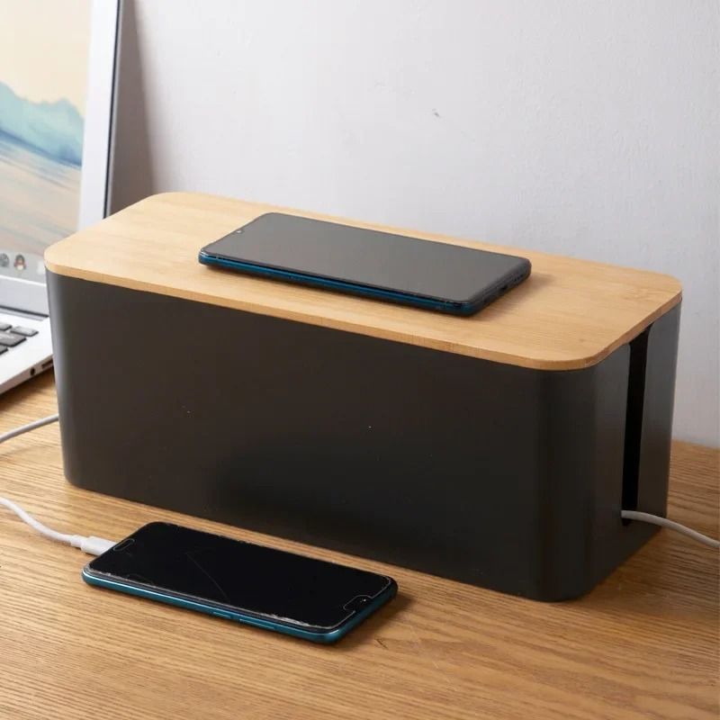 Bamboo Wood Cable Management Box Power Strip and Cord Organizer