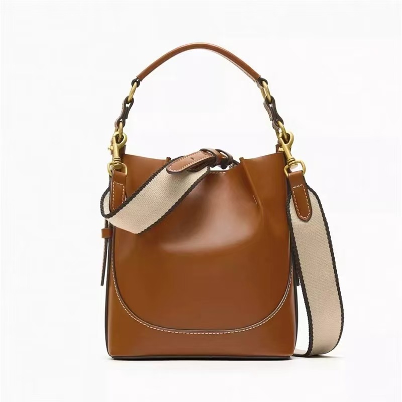 Fashionable Style Drawstring Bucket Bag for Women Portable Brown Crossbody Bag